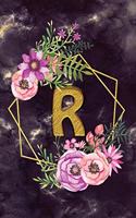 R: Personalized Dot Grid Bullet BUJO Notebook Journal Modern Floral Gold Initial Monogram Letter R - Many Usage Handy Travel Size For Women Teens