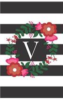 V: Personalized Monogrammed Journal (Notebook/Diary) Gift for Friend Office Teacher Black and White Stripes with Red Flowers