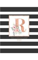 Weekly & Monthly Planner 2020 R: Black and White Stripes Rose Gold Monogram Letter R with Pink Flowers (7.5 x 9.25 in) Horizontal at a glance Personalized Planner for Women Moms Gir