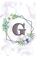 G: Personalized Dot Grid Bullet BUJO Notebook Journal Modern white Marble Floral Silver Initial Monogram Letter G- Many Usage Handy Travel Size For Wom