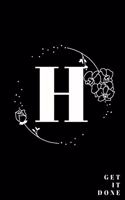 Simple Black Initial Letter H Notebook with Rose Floral Journal for Women, Girls Birthday Gift and School