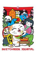 Sketchbook Journal: Cute Sketchbook with Japanese Maneki Neko Lucky Cat Ramen, Panda Bear, Kokeshi and Daruma Doll Unlined and Line Ruled Journal and Blank Notebook for