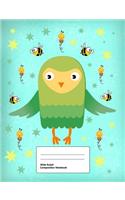 Wide Ruled Composition Notebook: Writing Book Journal, Soft Cover, Blank Lined Paper, 100 Pages, Cute Animal Designs Owl Birds Bees for Kids Green