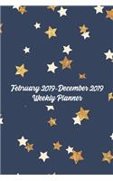 February 2019-December 2019 Weekly Planner: 48 Week Simple Agenda: 6x9 Soft Cover: Navy Blue, White, & Gold Stars