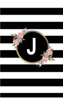 J: Letter J Monogram Personalized Journal, Floral Black & White Stripe Monogrammed Notebook - Blank Lined 6x9 Inch College Ruled 120 Page Perfect Bound