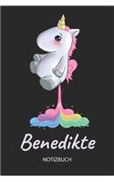 Benedikte - Notizbuch: Individuelles personalisiertes Mädchen & Frauen Namen blanko Regenbogen pupsendes Einhorn Notizbuch. Liniert leere Seiten. Ideal als Uni & coole Sch