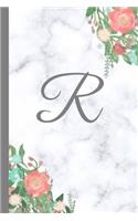 R: Letter R Monogram Floral Marble Journal, Pretty Pink Flowers on Elegant White & Grey Marble Notebook Cover, Stylish Gray Personal Name Initial, 6x9 