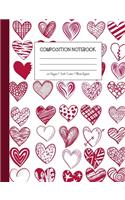 Composition Notebook: Hearts At Play For Kids Wide Ruled Lined Journal (Dark Reddish Purple)
