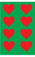 100 Page Unlined Notebook - Red Hearts on Lime