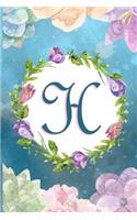 H: Watercolor Monogram Handwritten Initial H with Vintage Retro Floral Wreath Elements - College Ruled Lined Writing Journal, Notebook, Composition Boo