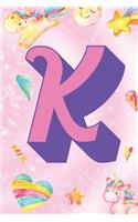 K: Personalized Monogram Initial For First Or Last Name, Unicorn Design on Pink Star Dream Fantasy Pattern, Lined Paper Note Book For Girls To Draw, Sk