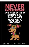 Never Underestimate The Power of A Sloppy Kiss And A Wet Nose On A Bad Day: Blank Lined Journal With Calendar For Dog Lovers