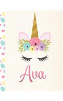 Ava: Personalized Unicorn Primary Story Journal For Girls With Pink Name - Half Ruled Dotted Midline and Blank Picture Space - Kindergarten to Early Chil