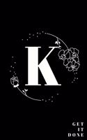 Simple Black Initial Letter K Notebook with Rose Floral Journal for Women, Girls Birthday Gift and School