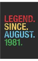 Legend Since August 1981: Blank Lined Notebook - Journal 38th Birthday for Woman and Men