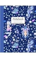 Notebook Wide Ruled 8.5" x 11" in / 21.59 x 27.94 cm: Composition Book, Blue and Purple Mermaids, Seahorses and Shells Cover with Seashells, C862