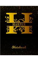 Harper Notebook: Letter H Personalized First Name Personal Writing Notepad Journal Black Gold Glittery Pattern Effect Cover College Ruled Lined Paper for Journalists