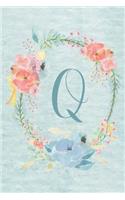 Notebook 6"x9" - Initial Q - Light Blue and Pink Floral Design: College ruled notebook with initials/monogram - alphabet series.(17 Initial/Letter Q - Light Blue and Pink Floral Design Notebook 6"x9")