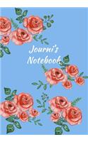 Journi's Notebook: Personalized Journal - Garden Flowers Pattern. Red Rose Blooms on Baby Blue Cover. Dot Grid Notebook for Notes, Journaling. Floral Watercolor Design