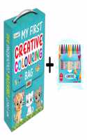 My first Creative colouring bag and 10 WAX CRAYONS : Coloring book collection, My first colouring book, Learning coloring kit, Colours,Numbers,Alphabet & more| Combo of colouring bag & 10 free crayons
