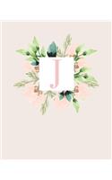 J: 110 Dot-Grid Pages Monogram Journal and Notebook with a Classic Light Pink Background of Vintage Floral Leaves in a Watercolor Design Personalized I