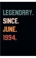 Blank Lined Journal, Notebook, Diary, Planner - Legendary Since June 1994 - 25th Birthday Gift For 25 Years Old Men and Women born in June: Medium College-Ruled Journey Diary, 110 page, Lined, 6x9 (15.2 x 22.9 cm)