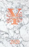 Yesenia: 2020. Personalized Name Weekly Planner Diary 2020. Monogram Letter Y Notebook Planner. White Marble & Rose Gold Cover. Datebook Calendar Schedule