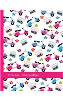 Writing Book Ruled Journal Paper: Retro Music Radio Flowers Scooters Pattern