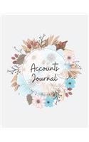 Accounts Journal: 6 column account journal space for keeping track of cash or check payments, features columns for description, reference, debit or credit, and balanc
