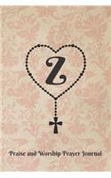 Letter Z Personalized Monogram Praise and Worship Prayer Journal - Rosary Cross: Heart Shaped Rosary Beads with Cross on Antique Floral Wallpaper Pattern in Rose Beige Bible Study Notebook