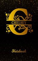 Chelsey Notebook: Letter C Personalized First Name Personal Writing Notepad Journal Black Gold Glittery Pattern Effect Cover College Ruled Lined Paper for Journalists