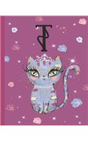 T: Kitty Cat Journal, personalized monogram letter T blank lined diary with interior pages decorated with kitty cats and flowers.