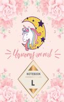 Notebook: Monogram intial Letter L - Unicorn Design Journal Gift for Her / Him