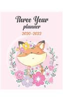 2020-2022 Three Year Planner: Watercolor Fox, 3 Year Appointment Book, Monthly Weekly Schedule Journal Calendar With Inspirational Quotes & Holidays