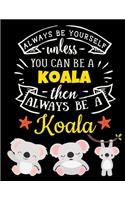 Koala Black Paper Notebook: Always Be Yourself Unless You Can Be a Koala - Cute Koala Journal with Motivational Quote - Blank Large College Ruled Lined Composition Notebook for
