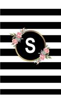 S: Letter S Monogram Personalized Journal, Floral Black & White Stripe Monogrammed Notebook, Blank Lined 6x9 Inch College Ruled 120 Page Perfect Bound 