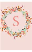 S: A Pink Floral Wreath Monogram Sketchbook - 110 Sketchbook Pages (6 x 9) - Floral Watercolor Monogram Sketch Notebook - Personalized Initial Letter J