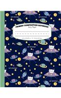 Primary Composition Notebook Story Paper: Picture Space And Dashed Midline - Grades K-2 School Exercise Book - 120 Story Pages - Cat-stronaut - Green(9 Cats in Outer Space Journal)