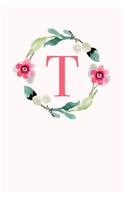T: 110 Sketchbook Pages - Monogram Sketch Notebook with a Classic Light Pink Background of Vintage Floral Roses in a Watercolor Design - Personalized I