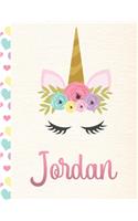 Jordan: Personalized Unicorn Primary Handwriting Notebook For Girls With Pink Name - Dotted Midline Handwriting Practice Paper - Kindergarten to Early Child