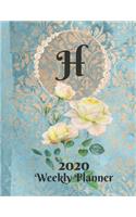 Plan On It Large Print 2020 Weekly Calendar Planner 15 Months Notebook Includes Address Phone Number Pages - Monogram Letter H: January 2020 through March 2021: Blue and Peach Damask Lace with Yellow Roses on Glossy Cover