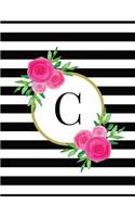 Black and White Striped Pink Floral Monogram Journal with Letter C