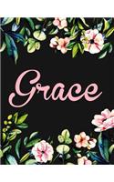 Grace: Large Personalised Grace Notebook for Writing 100 Lined Pages (Black Floral Design)