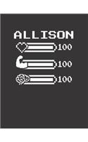 Allison: Pixel Retro Game 8 Bit Design Blank Composition Notebook College Ruled, Name Personalized for Girls & Women. Gaming Desk Stuff for Gamer Girls. Funn