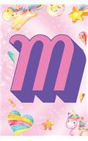 M: Personalized Monogram Initial For First Or Last Name, Unicorn Design on Pink Star Dream Fantasy Pattern, Lined Paper Note Book For Girls To Draw, Sk