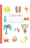 Composition Book: Wide Ruled Composition Notebook with Fun Beach and Vacation Illustrations, Soft Cover Journal Diary 50 sheets/100 pages, 7.44" x 9.69" for School, J
