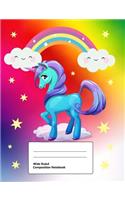 Wide Ruled Composition Notebook: Writing Book Journal, Soft Cover, Blank Lined Paper, 100 Pages, Cute Animal Designs Unicorn and Rainbows for Kids Blue
