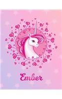 Ember: Unicorn Large Blank Primary Handwriting Learn to Write Practice Paper for Girls - Pink Purple Magical Horse Personalized Letter E Initial Custom Fir