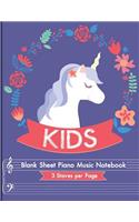 Blank Sheet Piano Music Notebook Kids: Unicorn Blank Sheet Piano Music Manuscript Paper for kids 110 pages of large staff, perfect for practicing note writing