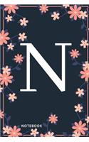 N Notebook: Monogram Initial N Notebook for Women and Girls, Pink & Blue Floral Cover